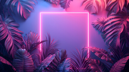Jungle creative neon light cyber frame on fresh palm leaves, generative Ai