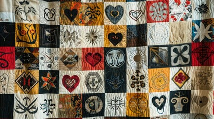 Intricate patchwork quilt featuring ancient symbols and heart motifs, hinting at a hidden mystery, on a white backdrop