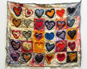 Patchwork quilt with hearts interconnected by enigmatic symbols, suggesting a hidden message, on a white base