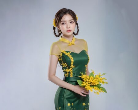 Elegant woman in a fashionable burmese traditional attire with padauk flower. Thingyan or Songkran festival.