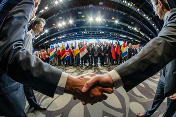 World Leaders Engaging in Diplomatic Handshake - obrazy, fototapety, plakaty