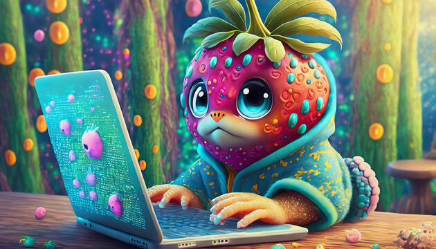 oil painting style Close up of baby strawberry cartoon character hacker hands using laptop with creative binary code,