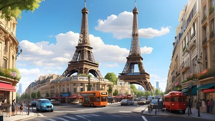 A detailed digital illustration of the Eiffel Tower amidst a bustling city, featuring intricate architectural elements and vibrant street life. The scene should convey the energy and dynamism of Paris - obrazy, fototapety, plakaty
