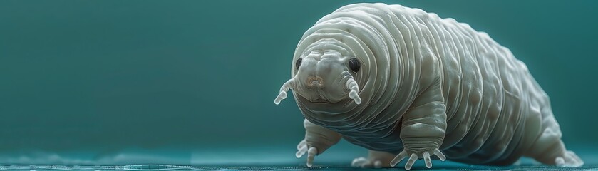 Tardigrade, microscopic water bear, close-up, isolated against a pure solid aqua background