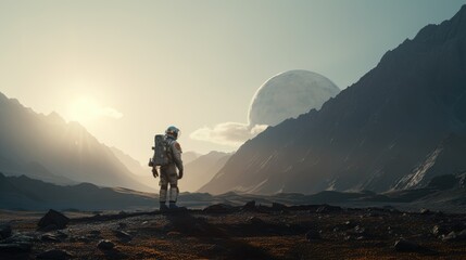 Astronaut exploring an exoplanet. Sci-fi colonist in spacesuit walks on the surface of another planet. People in space. The concept of galactic travel and science. - obrazy, fototapety, plakaty