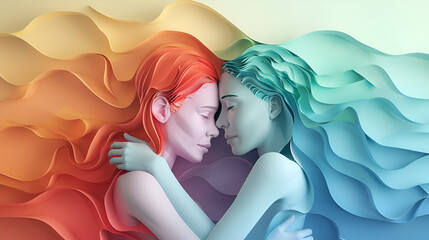 Lesbian couple hugging each other illustration on paper , generative Ai
