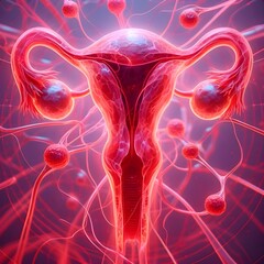 Cancer cells on Uterus 3d render illustration glowing female human organs, healthcare technology science concept, futuristic scientific background