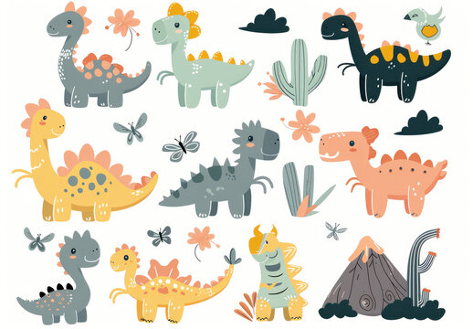 A vector clipart of cute cartoon dinosaurs in various poses, pastel colors, and simple shapes on a white background. Detailed elements include cacti, butterflies, flowers, leaves, a volcano, clouds