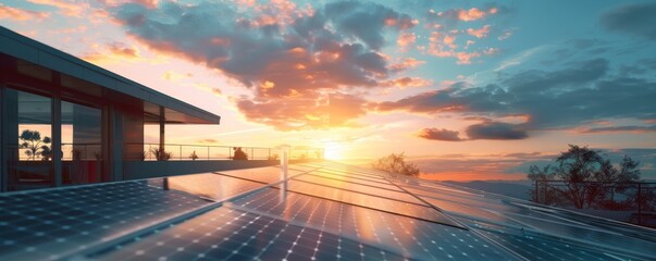 Rooftops adorned with solar panels contribute to clean energy generation, heralding a bright future. - obrazy, fototapety, plakaty