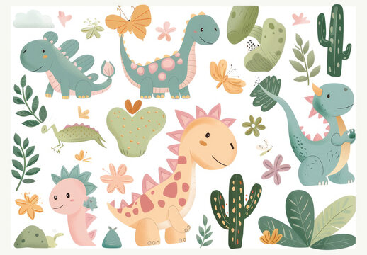 A vector clipart of cute cartoon dinosaurs in various poses, pastel colors, and simple shapes on a white background. Detailed elements include cacti, butterflies, flowers, leaves, a volcano