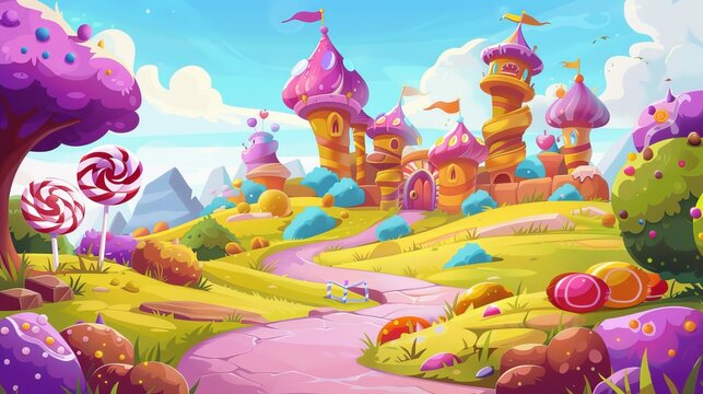 Lollipop dessert in sweet candy land game landscape background with roads and childish nature. Cute cake and confectionery food with chocolate in dream scene panorama design.