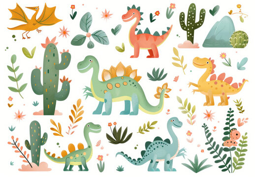 A vector clipart of cute cartoon dinosaurs in various poses, pastel colors, and simple shapes on a white background. Detailed elements include cacti, butterflies, flowers, leaves, a volcano