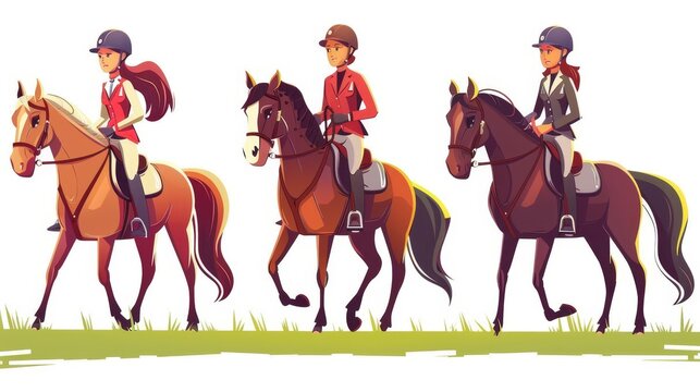 Animated cartoon illustration of a female horse rider in uniform and a male horse rider in helmet and helmet. Cartoon illustration of a racehorse sports set with female jockeys and man in equipment
