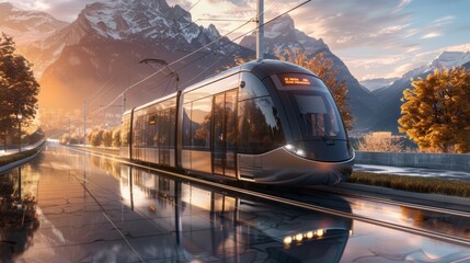 Sleek city tram speeds past scenic views, merging contemporary design with picturesque backdrops - obrazy, fototapety, plakaty