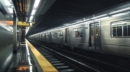Obraz premium Pristine modern subway train, empty and gleaming under bright station lights