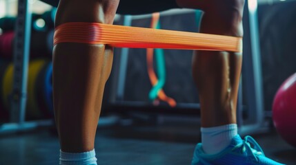 A powerful close-up on thigh resistance bands, essential gear for strengthening at home - obrazy, fototapety, plakaty