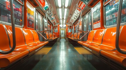A lone subway wagon basks in quiet, its orange seats a bold splash of color in the stillness