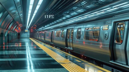 A lone, modern subway train rests in a station, empty yet inviting with its pristine condition - obrazy, fototapety, plakaty