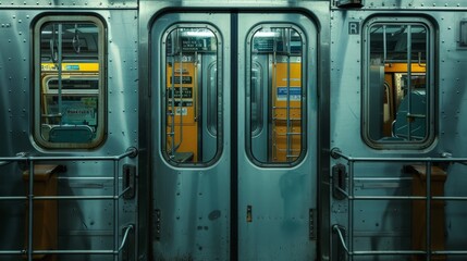 A glimpse through the open door of a subway wagon, connecting urban landscapes with daily commutes - obrazy, fototapety, plakaty