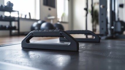 A detailed view of ergonomic push-up handles in a well-equipped home gym, spotlighting exercise efficiency - obrazy, fototapety, plakaty