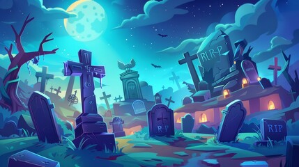 An isolated cemetery landscape with RIP inscription at night, cartoon modern illustration of gravestones with crosses, angel figures and ossuaries.
