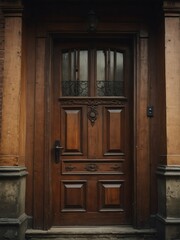 brown wooden door on old victorian house background from Generative AI