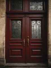 burgundy red wooden door on old victorian house background from Generative AI