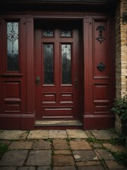 Fototapeta premium burgundy red wooden door on old victorian house background from Generative AI