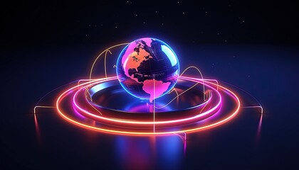 Neon Colorful World Planet Map, a virtual reality globe map with glowing neon light, Global Communication Network with future 
