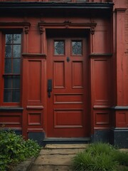 Fototapeta na wymiar crimson red wooden door on old victorian house background from Generative AI