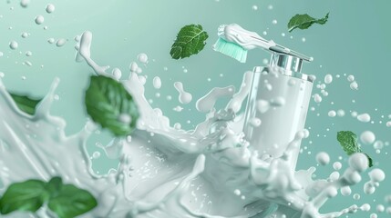 Body care cosmetic product, realistic 3D modern illustration of shaving foam and safety razor blade on water splash with mint leaves background. Men's cosmetics promotional banner with bottle and
