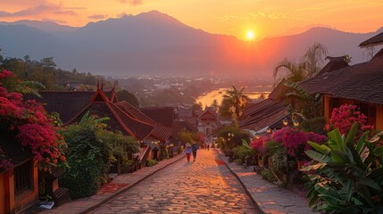 An awe-inspiring view of the iconic Mount Phousi at sunset, with diverse tourists making the climb for panoramic views of Luang Prabang - obrazy, fototapety, plakaty