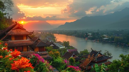 An awe-inspiring view of the iconic Mount Phousi at sunset, with diverse tourists making the climb for panoramic views of Luang Prabang - obrazy, fototapety, plakaty