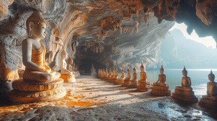 A captivating shot of a diverse group of travelers exploring the mysterious Pak Ou Caves, with the ancient statues illuminated by natural light