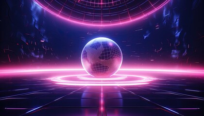 Neon Colorful World Planet Map, a virtual reality globe map with glowing neon light, Global Communication Network with future 