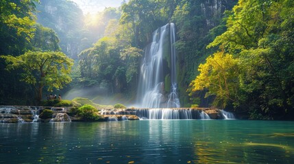 Fototapeta na wymiar A panoramic shot of a tranquil waterfall in the heart of the Laotian jungle, with a couple of diverse travelers admiring the natural beauty.