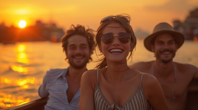 A group of friends enjoying a sunset boat cruise along the Mekong River, with the golden light illuminating their diverse faces and laughter