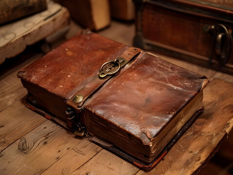 Whispers of Time: A Vintage Tome Rests on a Weathered Oak Table