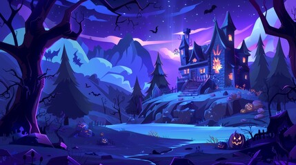 A spooky Halloween illustration featuring an old creepy house, pumpkins, ghosts, and bats. Modern cartoon night landscape with a broken haunted cottage, black trees, mountains, lakes, and mountains.