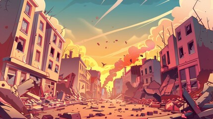 The concept of saving the planet through cartoons. Destroyed cities, war, abandoned buildings, and smokey factory pipes. Destruction, natural disaster or world cataclysm modern illustration.