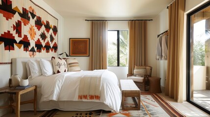 In a bedroom narrow panels featuring handpainted geometric designs inspired by traditional Native American art are applied to a plain white wall. These panels create a striking and .
