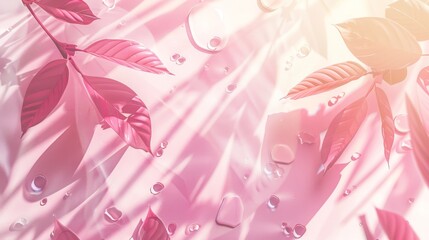Soft pink hues and water droplets on tropical plant leaves evoke a serene summer atmosphere