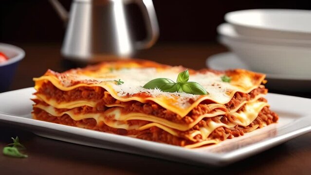 Italian food. Close-up shot of meat lasagna on a white plate decorated with herbs. Slow motion