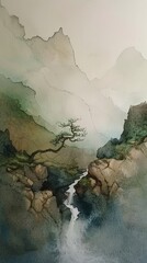 Watercolor painting of a stream flowing down from a mountain. Waterfall. Beautiful scenery. Use for phone wallpaper, posters, postcards, brochures.