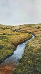 Watercolor painting of a small stream on a hill. Beautiful scenery. Use for phone wallpaper, posters,
 postcards, brochures, backdrop.