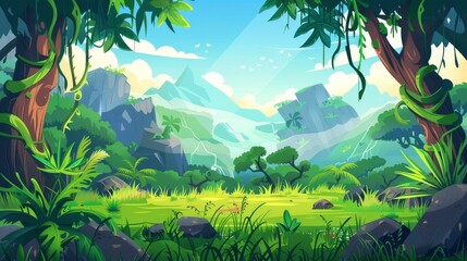 Landscape with jungle, mountains, and sea on horizon. Modern parallax background for animated 2D scenes with green trees, lianas, grass, and rocks. - obrazy, fototapety, plakaty