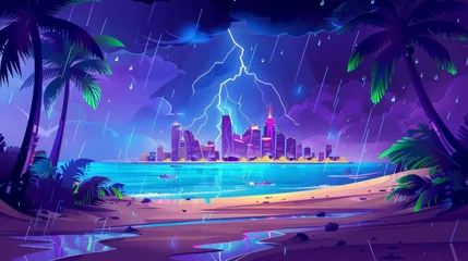 Fototapeten An illustration of a tropical beach, palm trees, a town and a thunderstorm with lightning on a modern parallax background for a 2D animation. © Mark