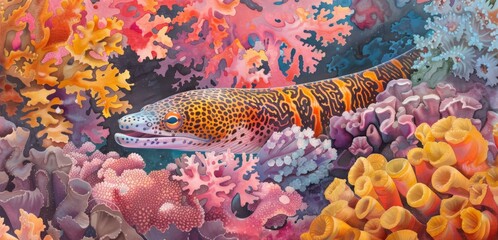 Watercolor painting of an underwater eel in the ocean, beautiful coral reef. Use for wallpaper, posters, postcards, brochures.