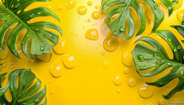 Fresh Monstera leaves with water droplets on a sunny yellow background representing a vibrant summer