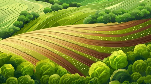 Modern cartoon background of countryside land, plantation with furrows on the ground and rows of growing plants. Top view of a farm field with green grass and plowed soil.